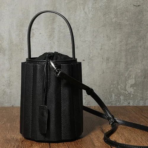 Black Womens Leather Bucket Handbag Womens Barrel Purse Small Bucket Shoulder Purse