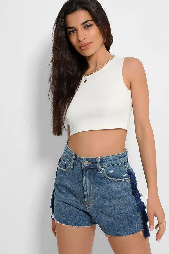 Blue Tassel Side Details Denim Hotpants