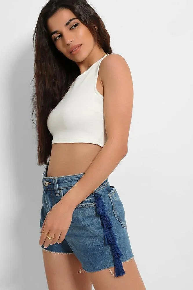 Blue Tassel Side Details Denim Hotpants