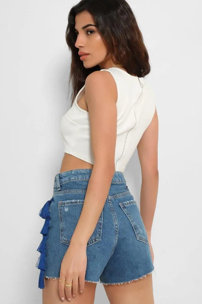 Blue Tassel Side Details Denim Hotpants