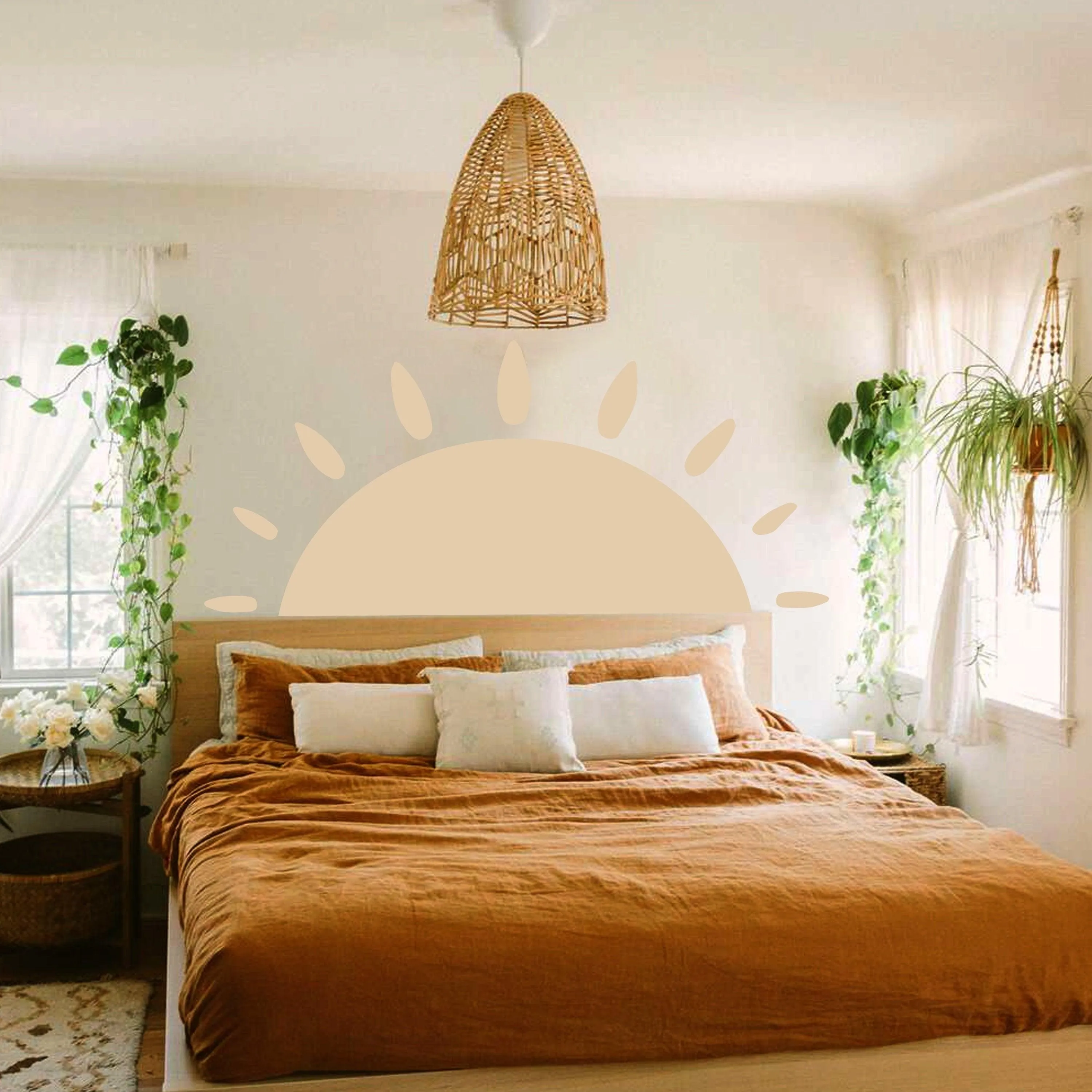 Boho Sun Wall Decal - Half Shape Sunshine Large Sticker Decor For Nursery Kids Room