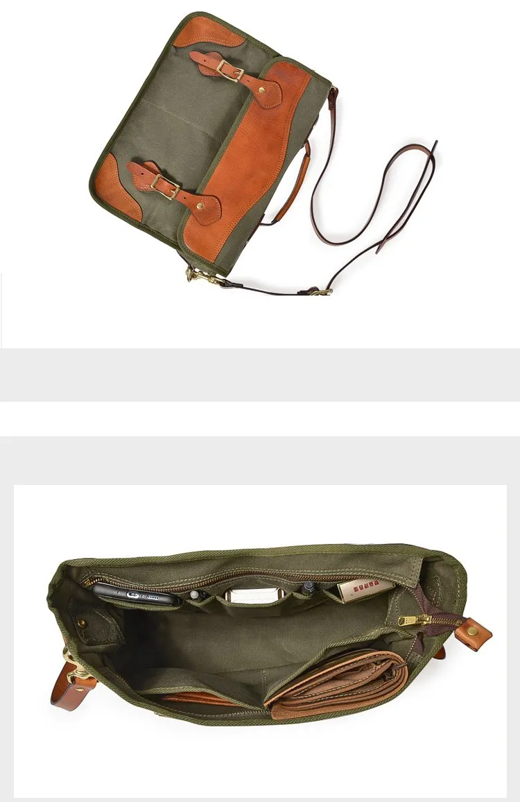Canvas Leather Mens 14‘’ Army Green Briefcase Side Bag Retro Messenger Bag Shoulder Bag For Men