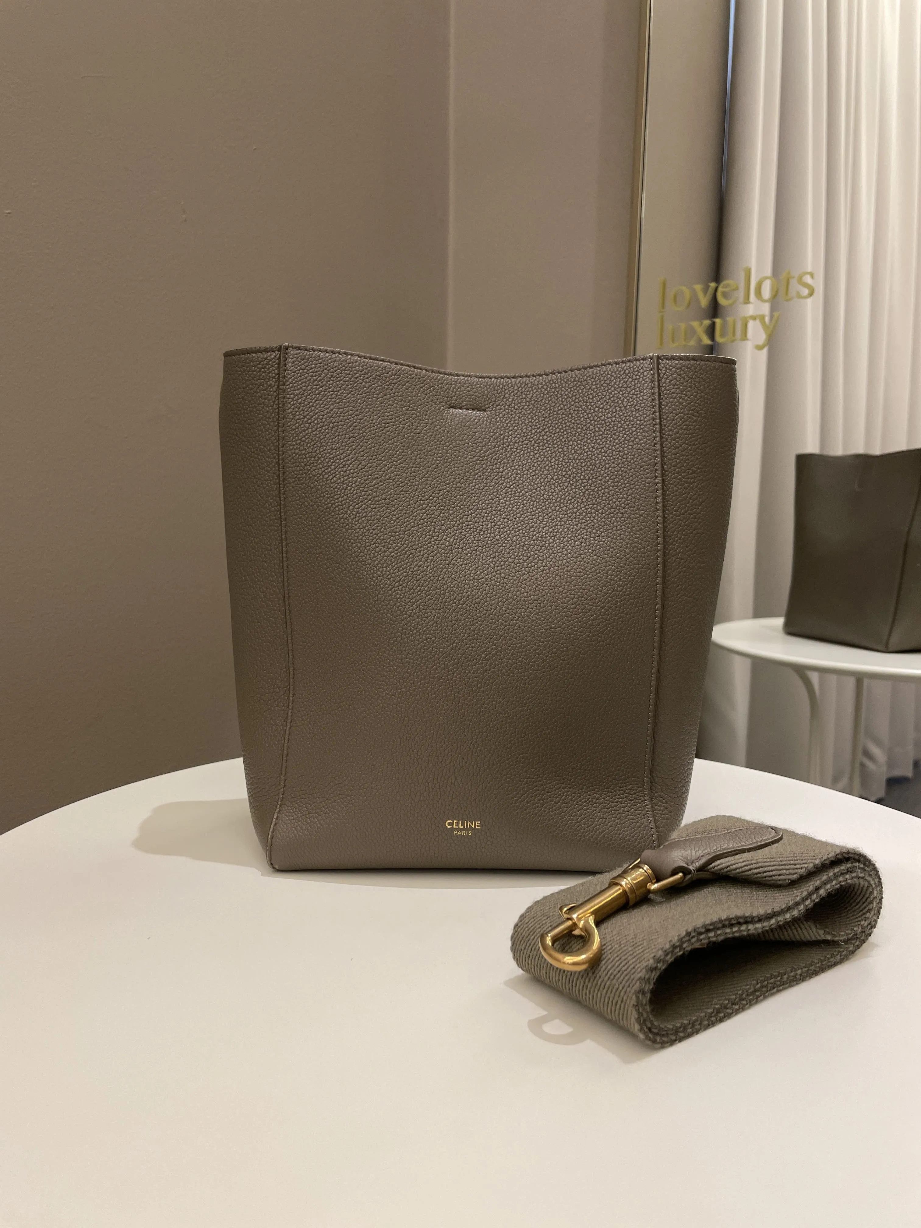 Celine Sangle Bucket Bag Taupe Grainy Calfskin