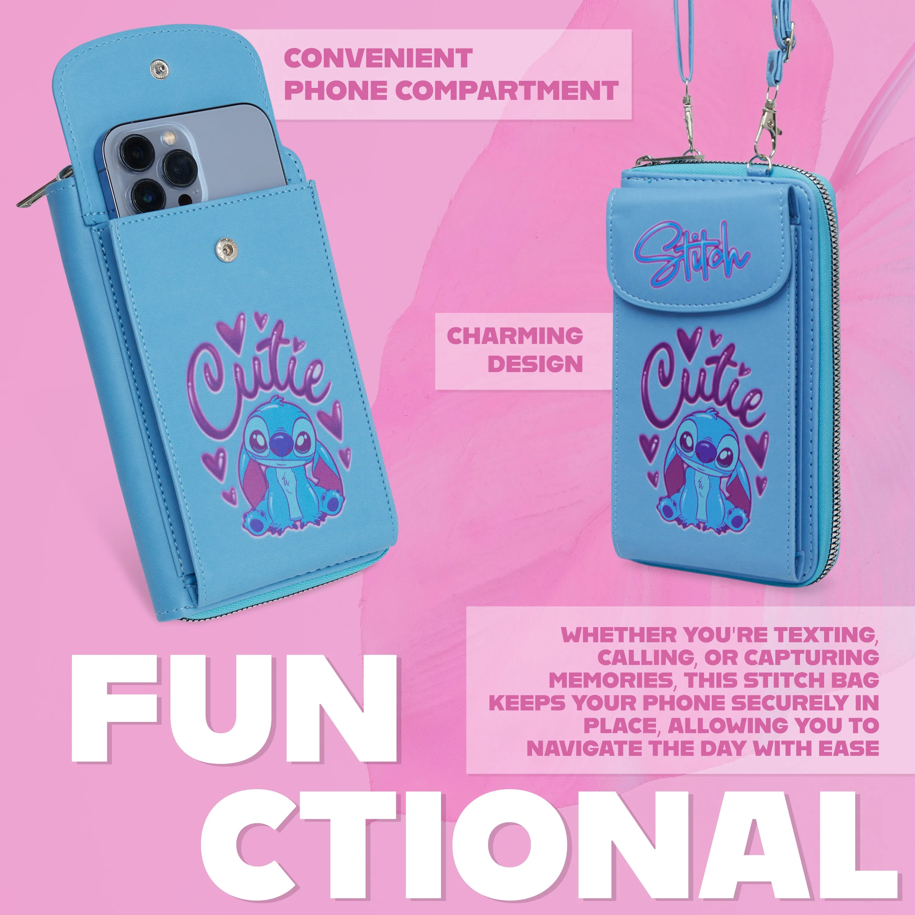 Disney Stitch Crossbody Bag for Girls Phone Bag with Card Slots Adjustable Strap - Blue