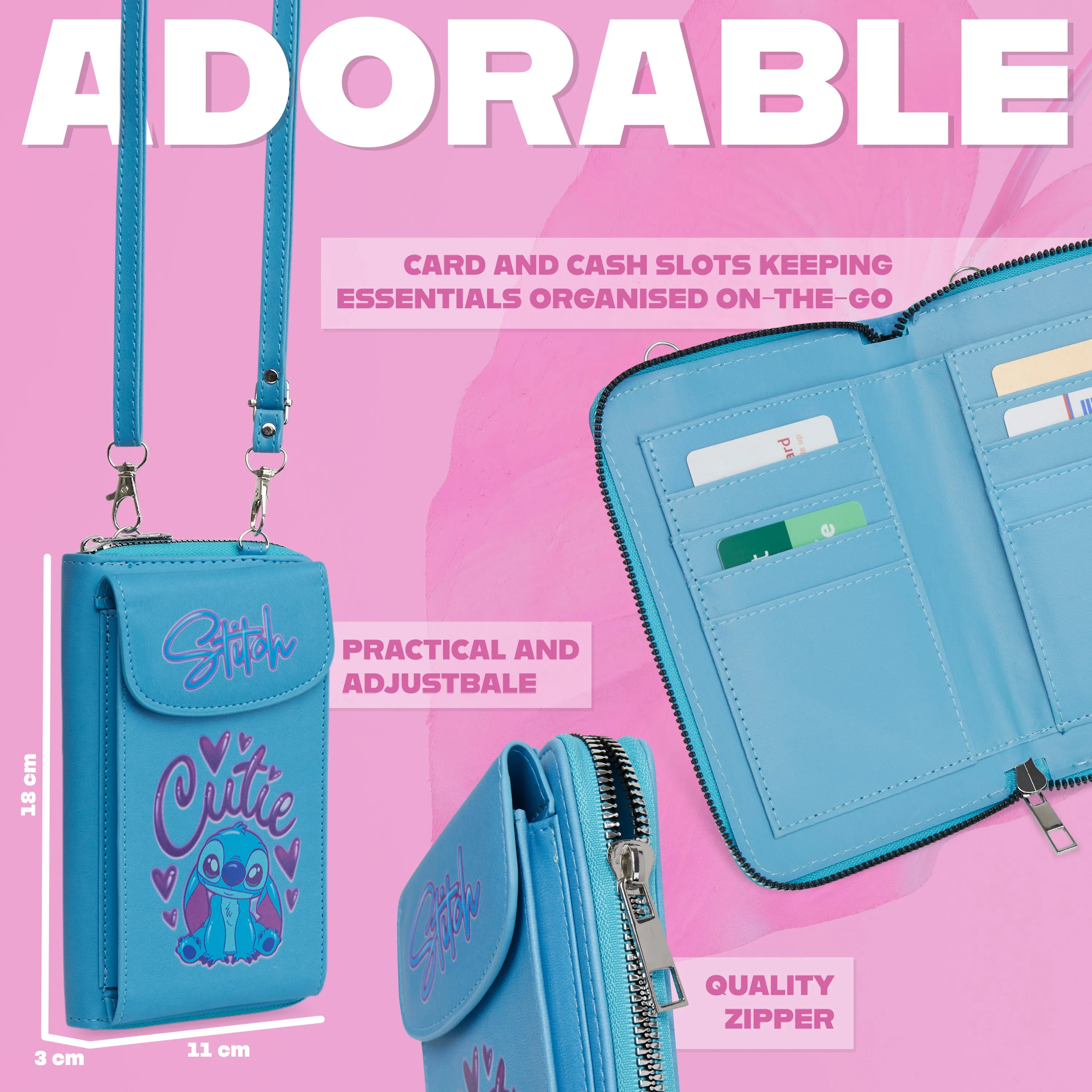 Disney Stitch Crossbody Bag for Girls Phone Bag with Card Slots Adjustable Strap - Blue