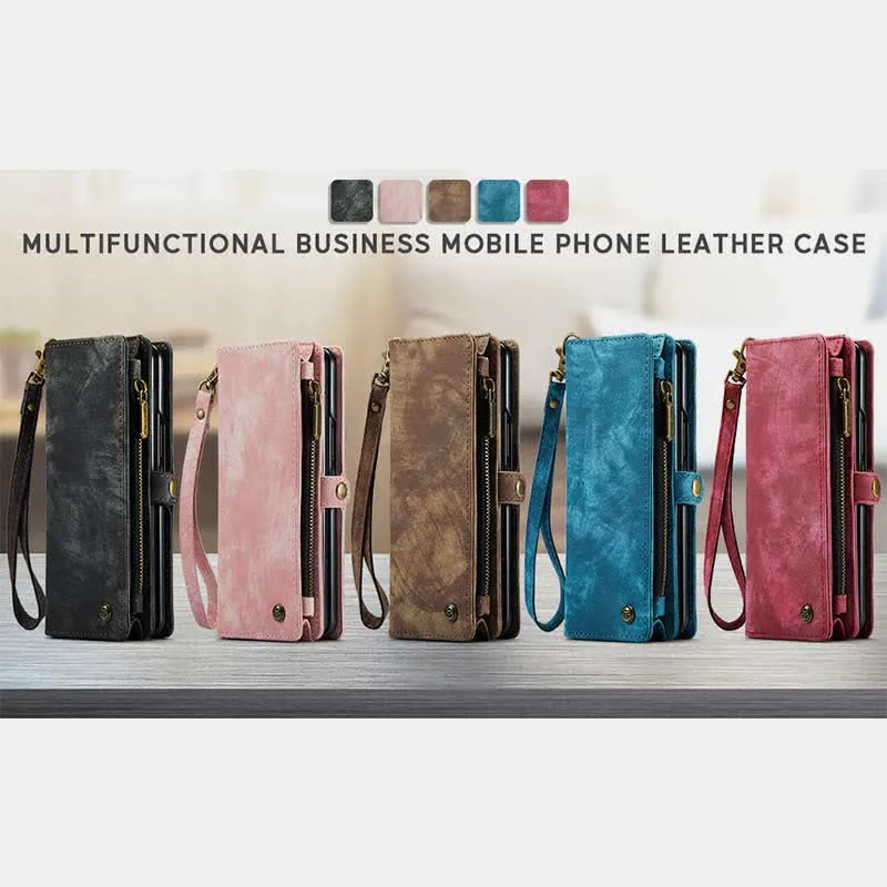Durable Leather Magnetic Wallet Case for Z Fold 4 with Wrist Strap
