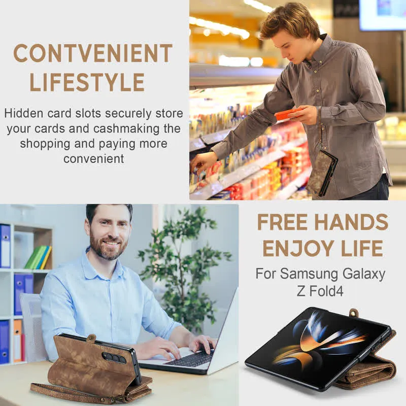 Durable Leather Magnetic Wallet Case for Z Fold 4 with Wrist Strap