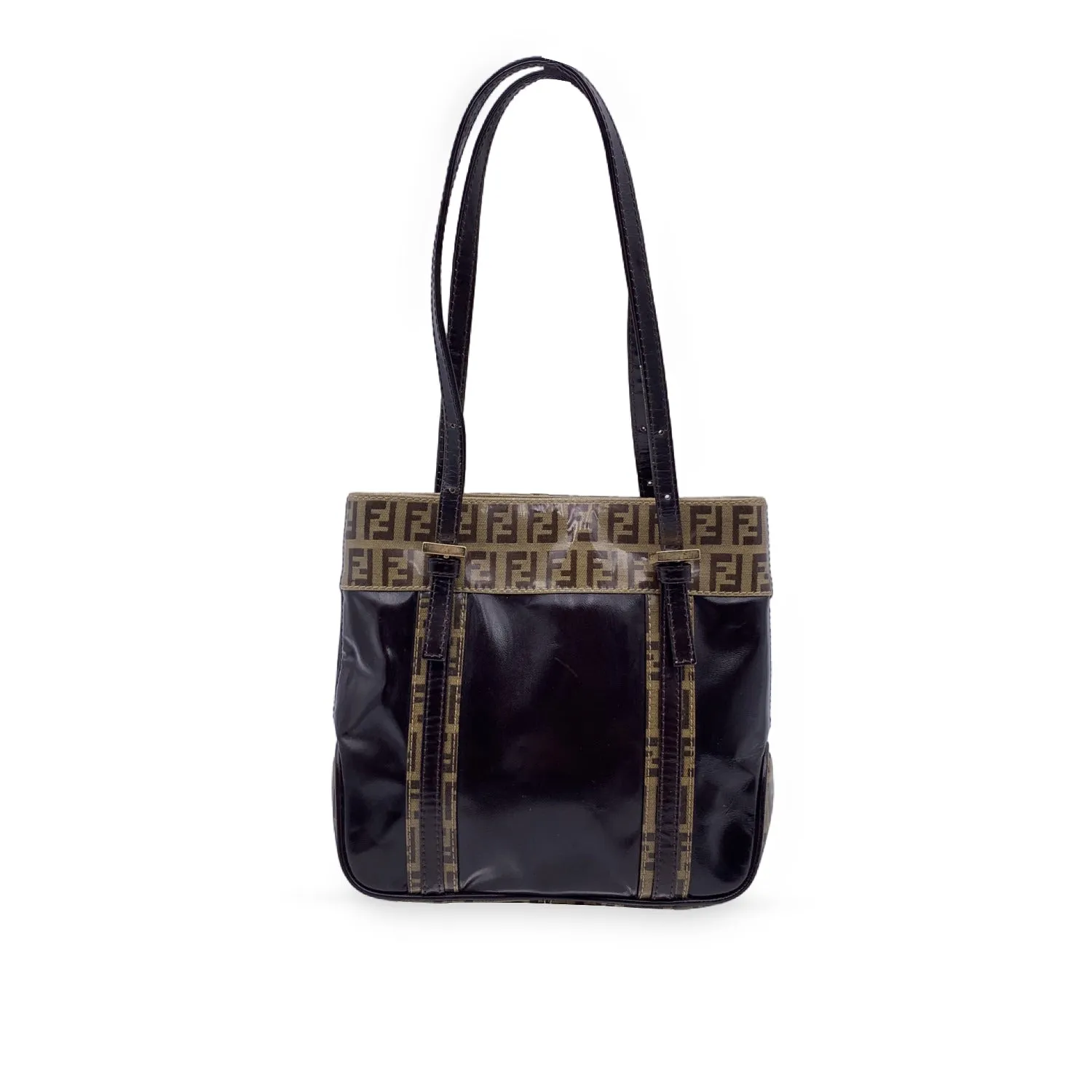 FENDI Brown Vinyl Crystal Canvas Mini Monogram Tote Bag Handbag