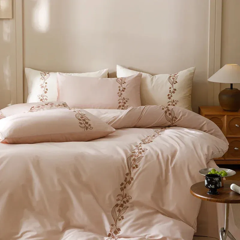 Flytonn-80S Long Staple Cotton Chic lily of the valley Embroidery Brown Bedding Set Duvet Cover Set Flat/Fitted Bed Sheet Pillowcases