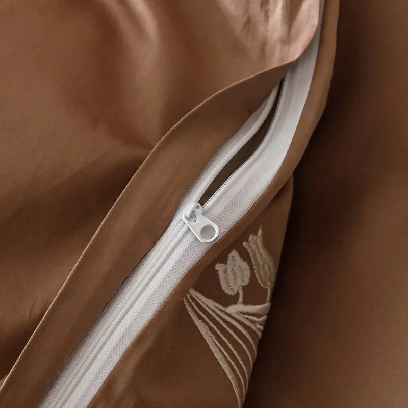 Flytonn-80S Long Staple Cotton Chic lily of the valley Embroidery Brown Bedding Set Duvet Cover Set Flat/Fitted Bed Sheet Pillowcases