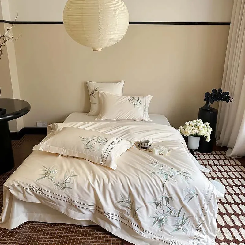Flytonn-Luxury Dark Blue Chinese Style Bamboo Embroidery 1000TC Egyptian Cotton Bedding Set Duvet Cover Set Bed Sheet Pillowcases 4Pcs