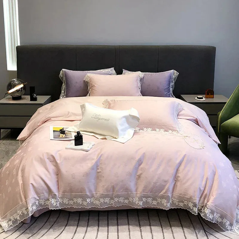 Flytonn-Pink Purple Luxury Embroidery Bedding Set 1000TC Egyptian Cotton Rose Jacquard Lace Edge Duvet Cover Set Bed Sheet Pillowcases