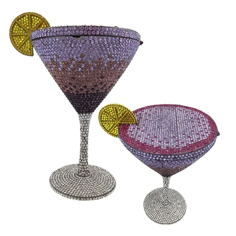 Glittery Rhinestone Studded Cocktail Glass with Compact Mirror and Lipstick