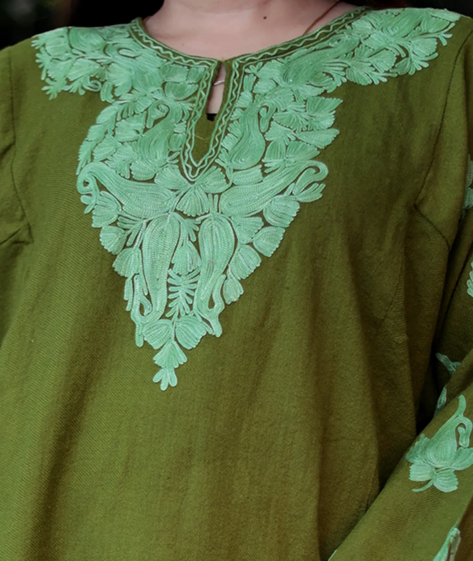 Green Tone on Tone Aari Embroidered Pheran
