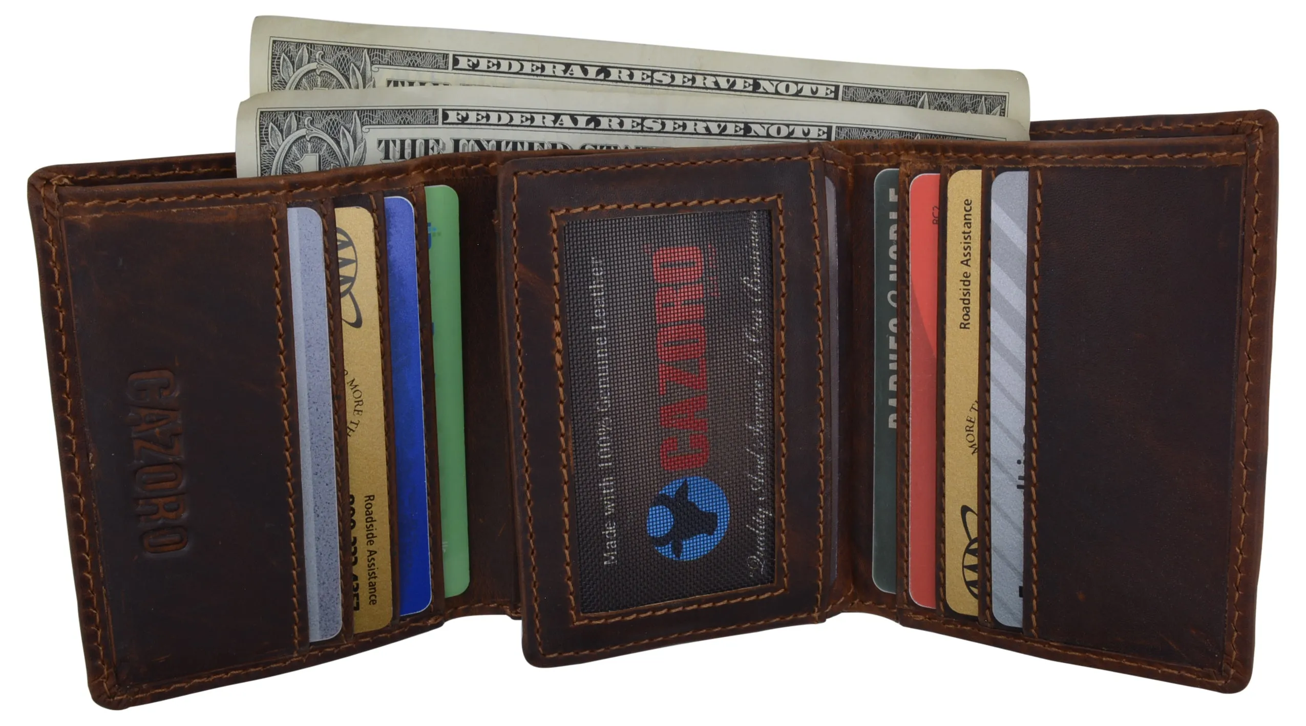 Leather Trifold RFID Brown Wallet For Men With Flip Out ID Holder