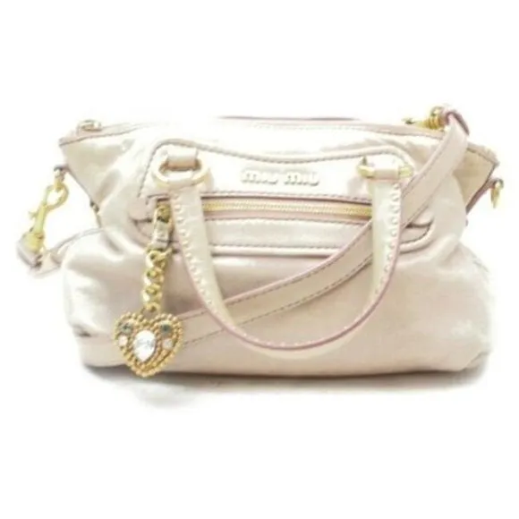 Miu Miu Vitello Lux Crystal Heart Pink Leather Two Way Satchel Cross Body Bag