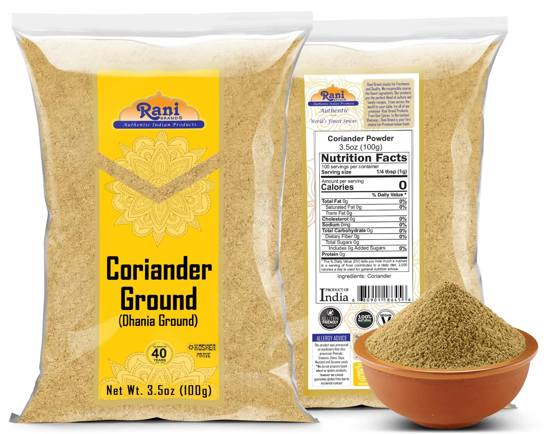 Rani Coriander Ground Powder (Indian Dhania) Spice 100g (3.5oz) ~ All Natural, Salt-Free | Vegan | No Colors | Gluten Friendly | NON-GMO | Kosher