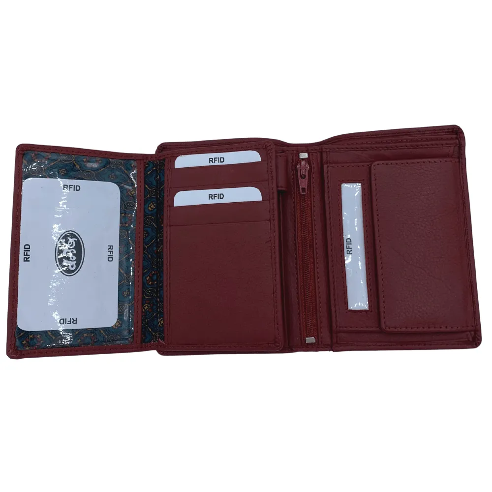 Red Bifold Wallet Featuring ID Window and Zipper Pouch Made with Genuine Leather - 1009C