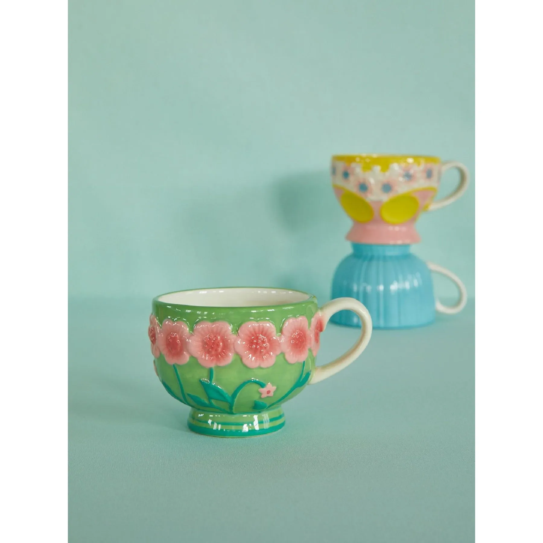 Rice DK Ceramic Mug with Embossed Flower Design - Green