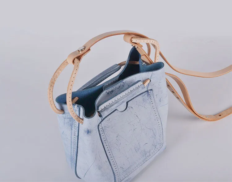 Small Women's Genuine Leather Bucket Handbags Crossbody Purse for Women