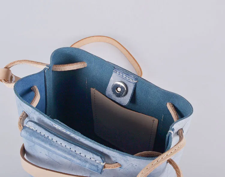 Small Women's Genuine Leather Bucket Handbags Crossbody Purse for Women