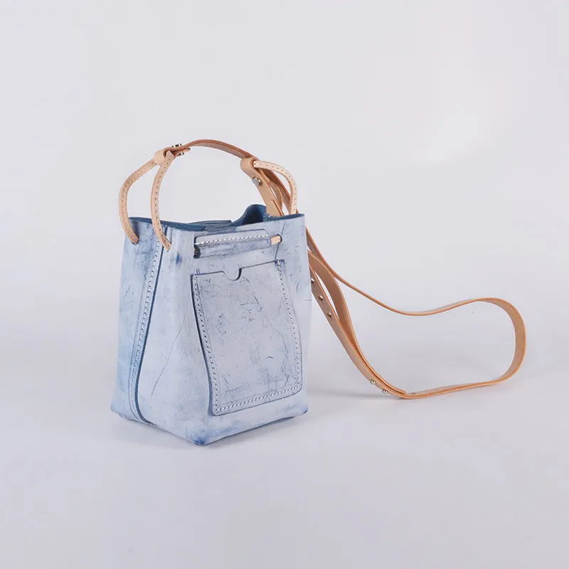 Small Women's Genuine Leather Bucket Handbags Crossbody Purse for Women