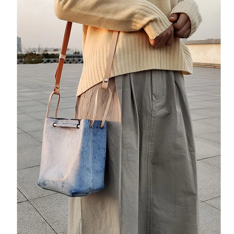 Small Women's Genuine Leather Bucket Handbags Crossbody Purse for Women