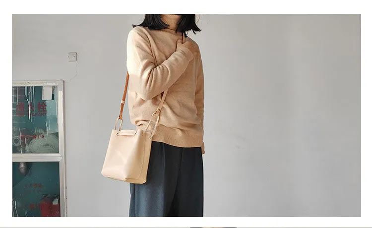 Small Women's Genuine Leather Bucket Handbags Crossbody Purse for Women