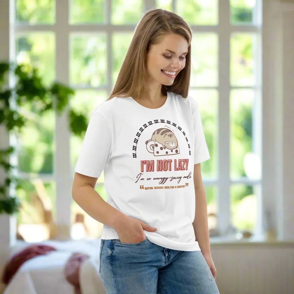 Vegan & Sustainable Cat Print T-Shirt "I Am Not Lazy”