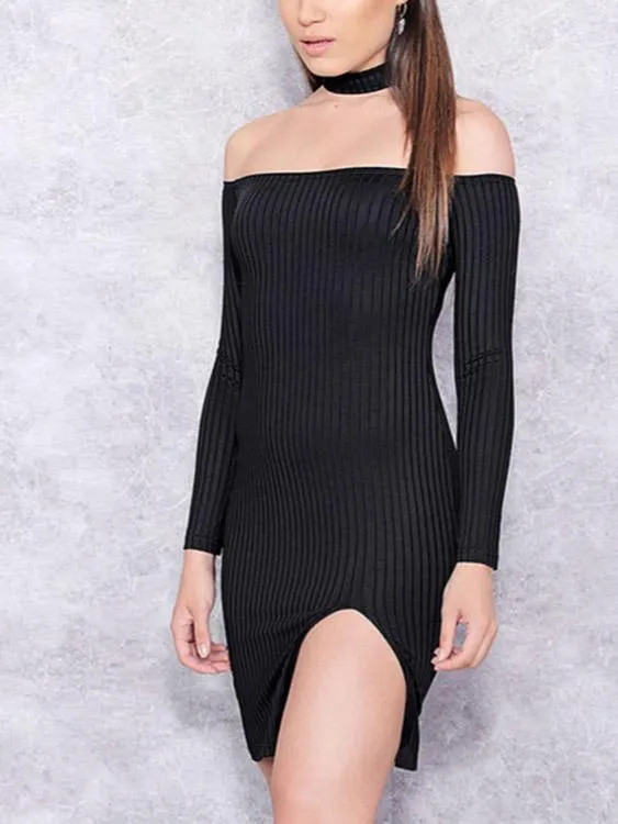 Wholesale Black Off Shoulder Long Sleeve Backless Fashion Mini Dress