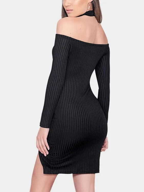 Wholesale Black Off Shoulder Long Sleeve Backless Fashion Mini Dress