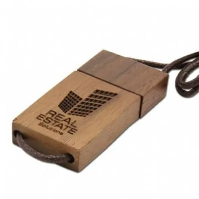 Wooden USB Flash Drive With Sliding Cord Lanyard