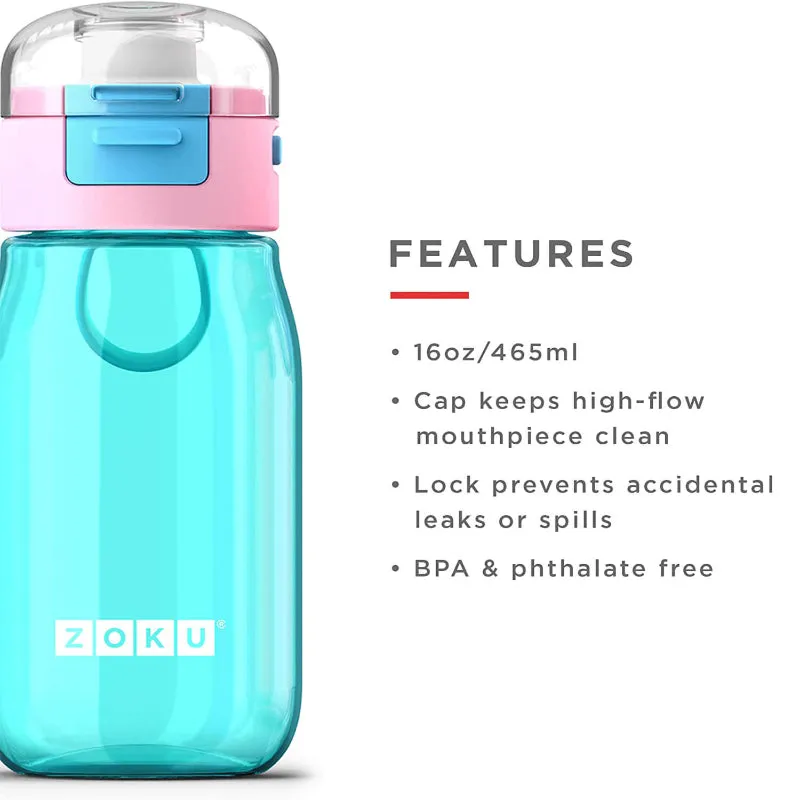 Zoku Kids Flip Gulp Bottle with Carrying Cord | Teal Color | 3 x 7 inches