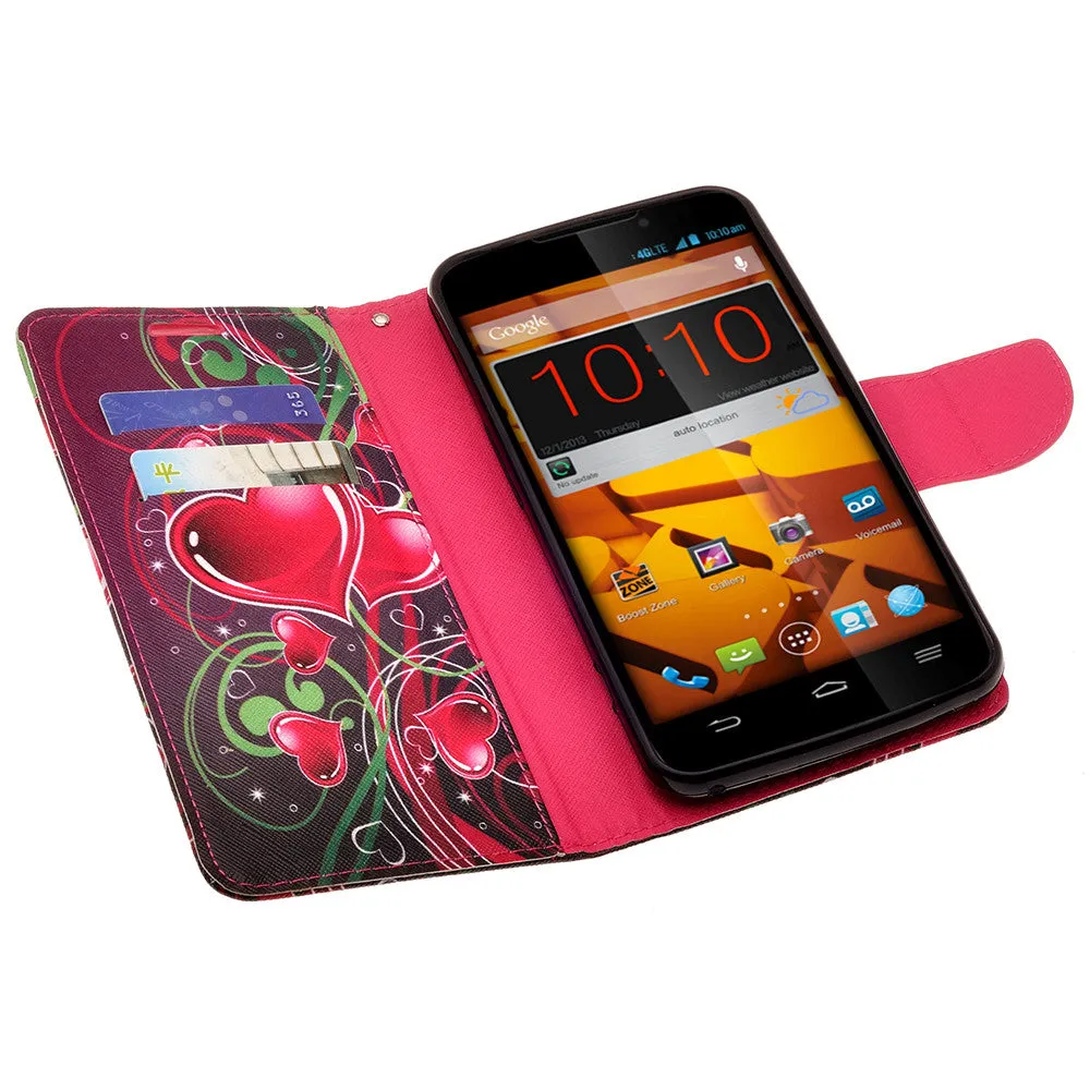 ZTE Max | N9520 | Boost Max Case, Wrist Strap Magnetic Flip Fold[Kickstand] Pu Leather Wallet Case with ID & Card Slots - Heart Strings